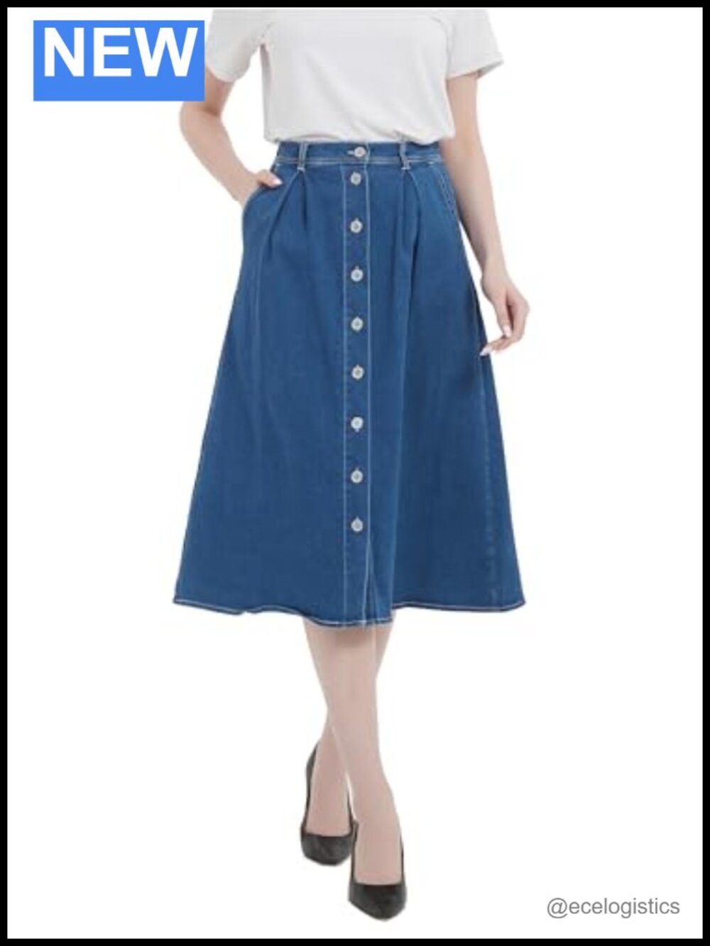 A-Line Long Midi Denim Skirt Stretch Cotton Button Front Side Pockets